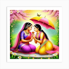 Two Indian Women With Umbrella Art Print
