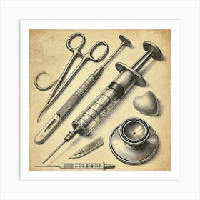 Hand Crafted Vintage Medical Instruments Printed Art An Artistic Depiction Of Classic Medical Tools, Perfect For Bringing A Touch Of Medical History And Craftsmanship To Any Space Printed Art Art Print