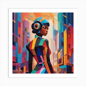 AI woman in futuristic city. Art Print