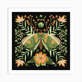 Whimsical green butterfly with summer flowers Art Print