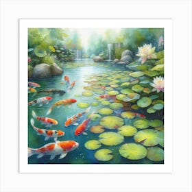 Serene koi fish pond with lily pads 3 Art Print