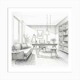 Monochromatic Pencil Sketch On Paper Of A Nordic Style Minimalistic Scene Clean Scandinavian Design Art Print