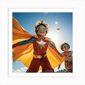 A Dynamic Superhero Costume Clad Business Leader Soaring Through A Bright Summer Sky Their Cape Rip (5) Art Print