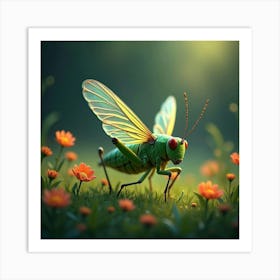 A Whimsical Grasshopper With Iridescent Wings Hopping Through A Meadow Of Glowing Flowers 1 Art Print