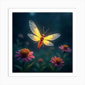 A Glowing Firefly With Wings Of Shifting, Colorful Light Hovering In A Magical Night Garden Art Print