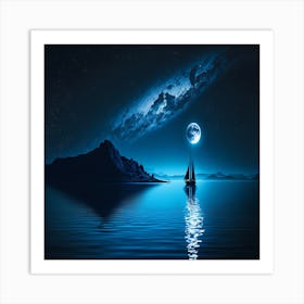 A painting of cows on a beach with a moon in the background, Moon And Sailboat Art Print