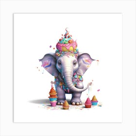 Elephant With Cupcakes Art Print