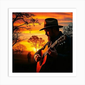 Sunset With A Man Playing Guitar Art Print