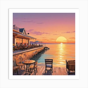 Sunset Outdoor Cafe Area At Beach Ocean Lake Art Print (1) Art Print