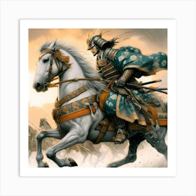 Old Japan War Aera Samurai In Attack On A Horse Color Painting 1 Art Print