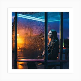 Firefly Street Photography, Beautiful Woman, Bus Shelter, Pensive, Evening, Wet, Rain, Glass, Neon L (9) Art Print