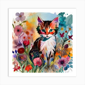 Cat In Flowers Art Print