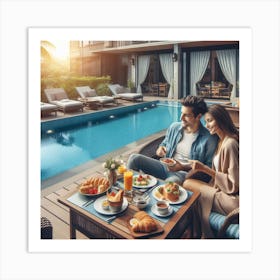 Couple Having Breakfast By The Pool Art Print