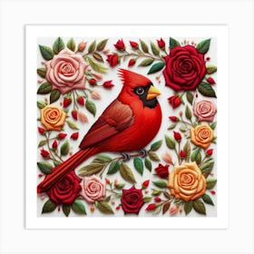 Cardinal With Roses Art Print