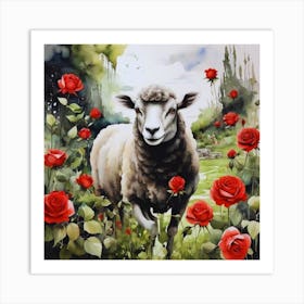 Sheep With Red Roses Art Print