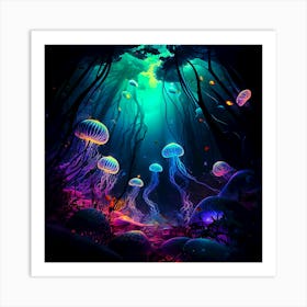 Jellyfish In The Magical forest Art Print