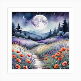 Moonlight Over Blooming Poppies and Lavender, Watercolor Painting Art Print