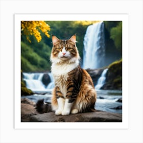 Cat In Front Of Waterfall Art Print