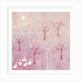 Geese in the Orchard Pink Landscape Art Print