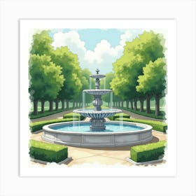 Parisian Park Fountain In Watercolor Surrounded By Lush Greenery 1 Art Print