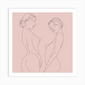 Two Nude Women in pink , sketch pencil erotic artwork Art Print