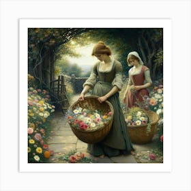 Two Women Picking Flowers Art Print