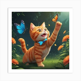 Cat Playing With Butterflies 2 Art Print