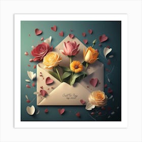 An open red and yellow letter envelope with flowers inside and little hearts outside 5 Art Print