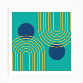 Mid Century Modern Geometric cI in Cottage Teal Navy Blue Mustard Yellow (Rainbow and Sun Abstraction) 3 Art Print