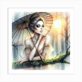 Beautiful Woman With An Umbrella Art Print