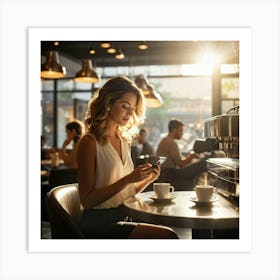 Modern Woman Engages With A Sleek Smartphone At A Bustling Coffee Shop Surrounded By The Hazy Glow (3) Art Print