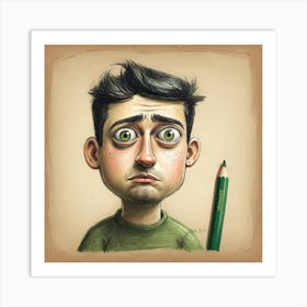 Caricature Of A Man Holding A Pencil Art Print