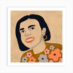 Girl With Flower Sweater Square Art Print