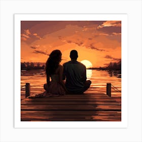 Couple Sitting On A Dock At Sunset Art Print