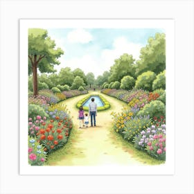 Watercolor Illustration Of An English Botanical Park With Families And Flower Displays 1 Art Print