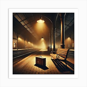 Lonely Train Station at Night Wall Art: A Cinematic Scene of Departure and Longing for Emotional Home Decor Print Art Art Print