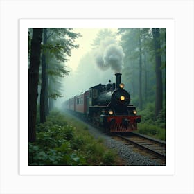 Old Fashioned Train Traveling Through A Misty Morning Forest 1 Art Print