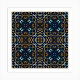 Blue And Gold Cross Stitch Pattern Art Print