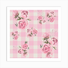 Gingham Ditsy Watercolor Flowers Pink Art Print