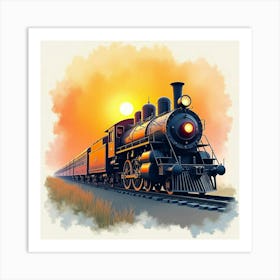 Elegant Train In Watercolor Against A Setting Sun Background 1 Art Print