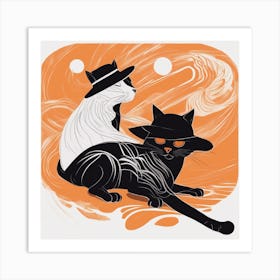 A Silhouette Of A Cat Wearing A Black Hat And Laying On Her Back On A Orange Screen, In The Style Of Art Print