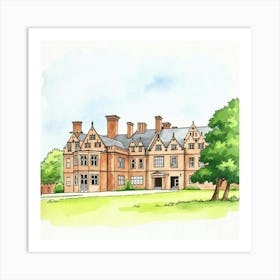 Watercolor Painting Of The Houghton Hall In Norfolk, Capturing Its Majestic Architecture And Scenic Beauty Art Print