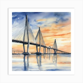 Accurate drawing and description. Sunset over the Arthur Ravenel Jr. Bridge in Charleston. Blue water and sunset reflections on the water. Watercolor.8 Art Print