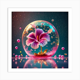 A Golden Hibiscus Inside A Bubble With Pink Glit Art Print