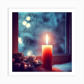 Christmas Candle In Front Of Window Art Print