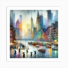 Cityscape in Rain: Expressive Watercolor Painting with Bernard Buffet Inspired Realism, Impressionistic Colors, and Atmospheric Techniques. Art Print