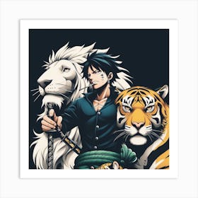 Zoro Character with Tiger and Lion Art Print