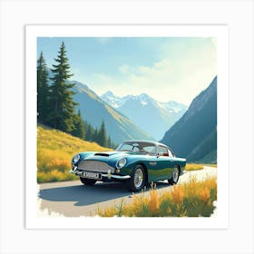 Aston Martin Db4 Gt In A Radiant Watercolor Mountain Scene 1 Art Print