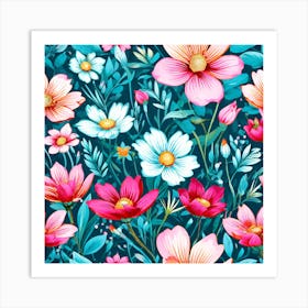 Watercolor Flowers Seamless Pattern Art Print