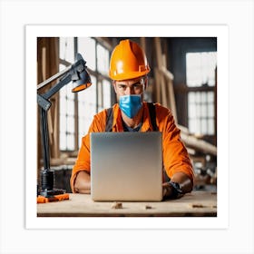 Construction Worker Working On Laptop Art Print